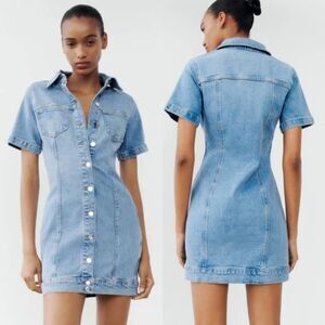 Zara dress denim short sleeve mini button up casual jean dress M NWT